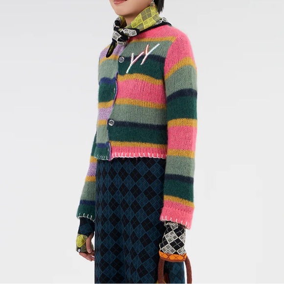 Yanyan Knits Alpaca Stripe Logo Multicolored Button Cardigan Sweater size small - Picture 4 of 15